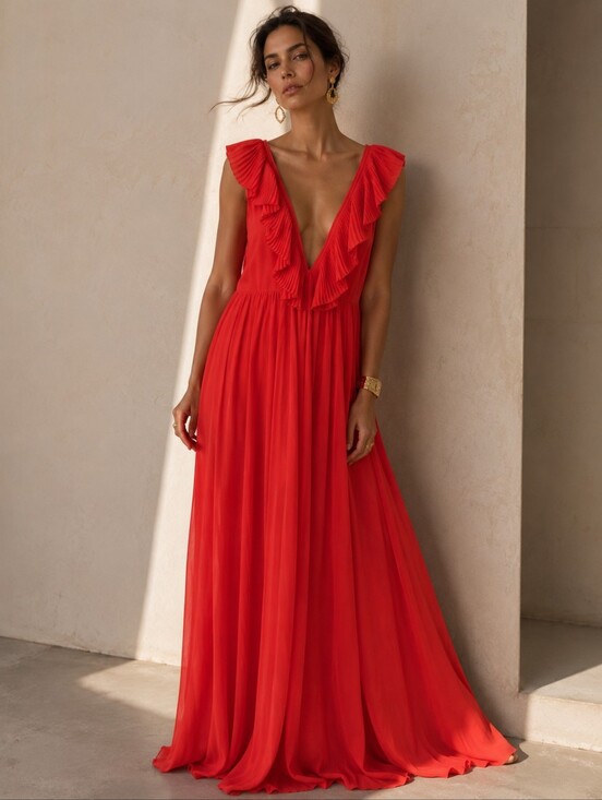 Zara Dresses & Skirts - Zara Pleated Ruffle Maxi Dress Orange/redish Open Back Plunge Sleeveless Size XS